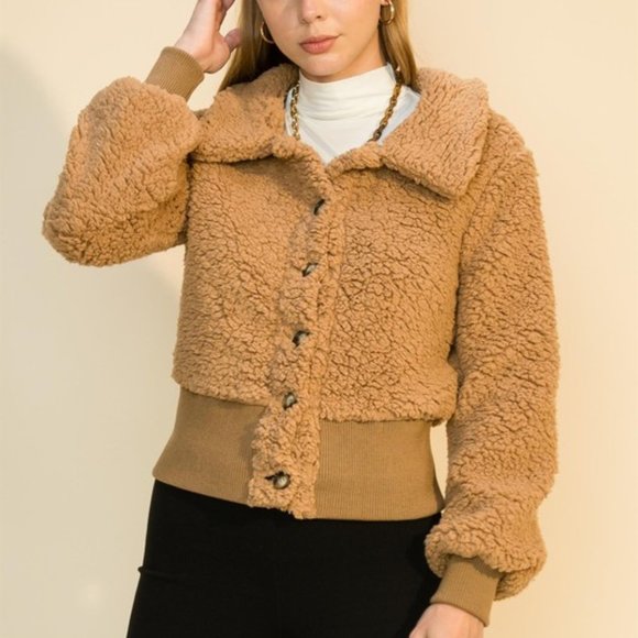 Button Down Ribbed Trim Sherpa Jacket (Camel) - Picture 1 of 5